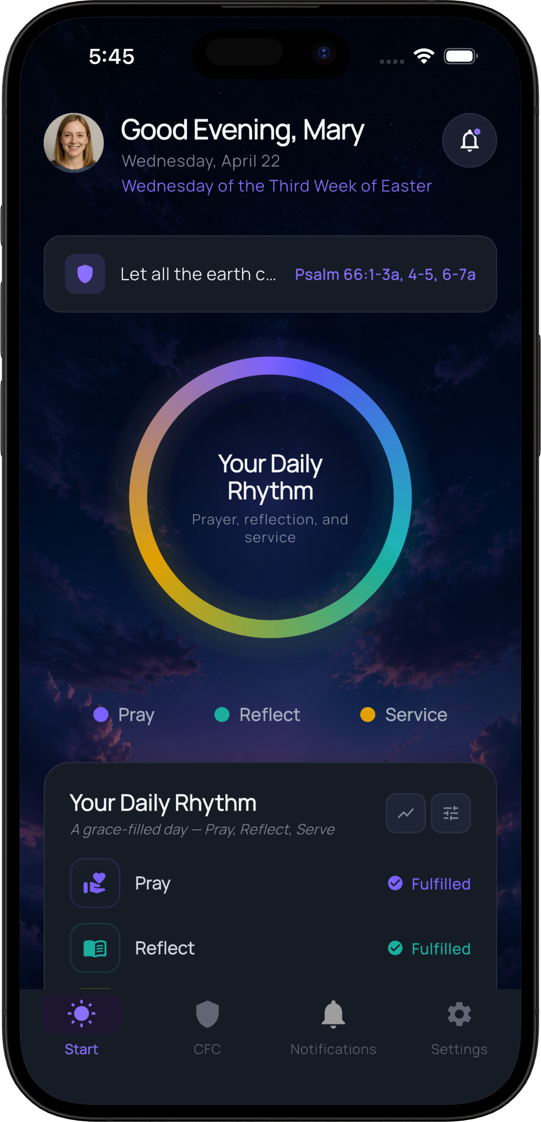 AIsaiah Your Daily Rhythm — Pray, Reflect, and Serve rings with daily progress